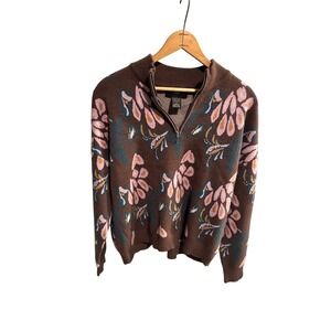 RAIN Floral Print Mock Neck Quarter Zip Sweater Brown Pink Teal Womens XL